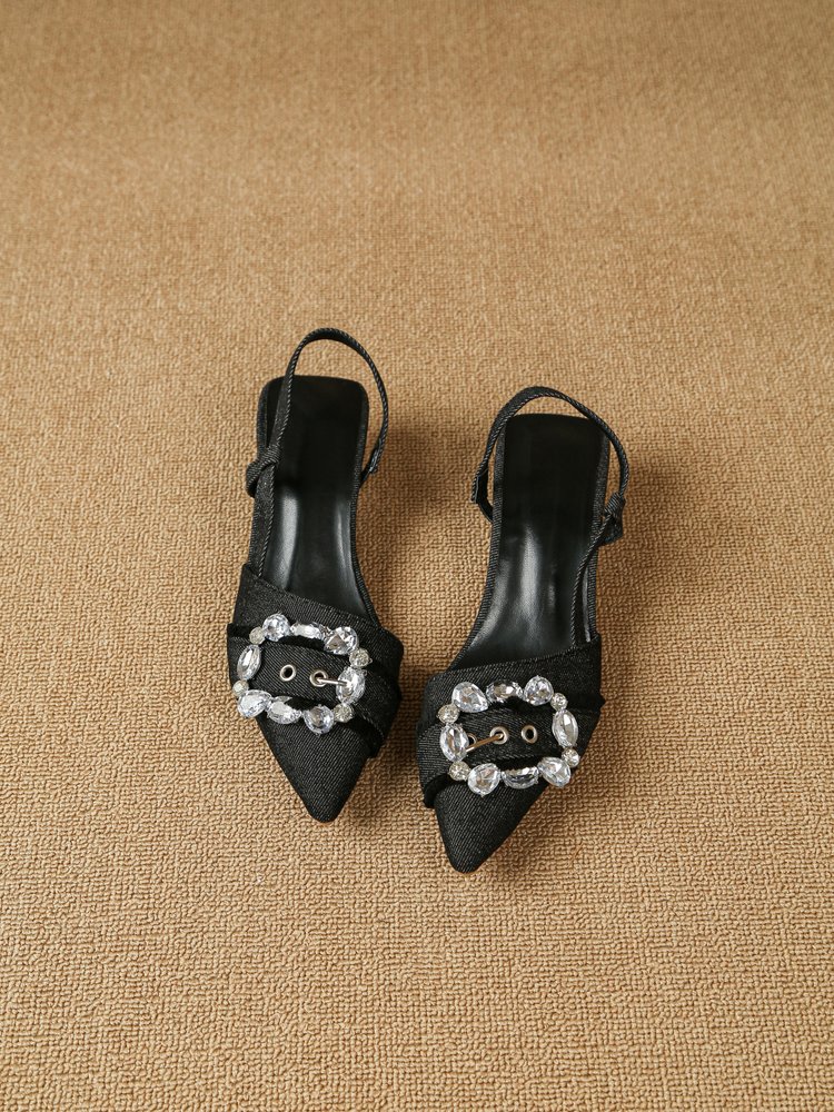 denim rhinestone square buckle heels, spring summer stiletto high heels, women's denim dress shoes
