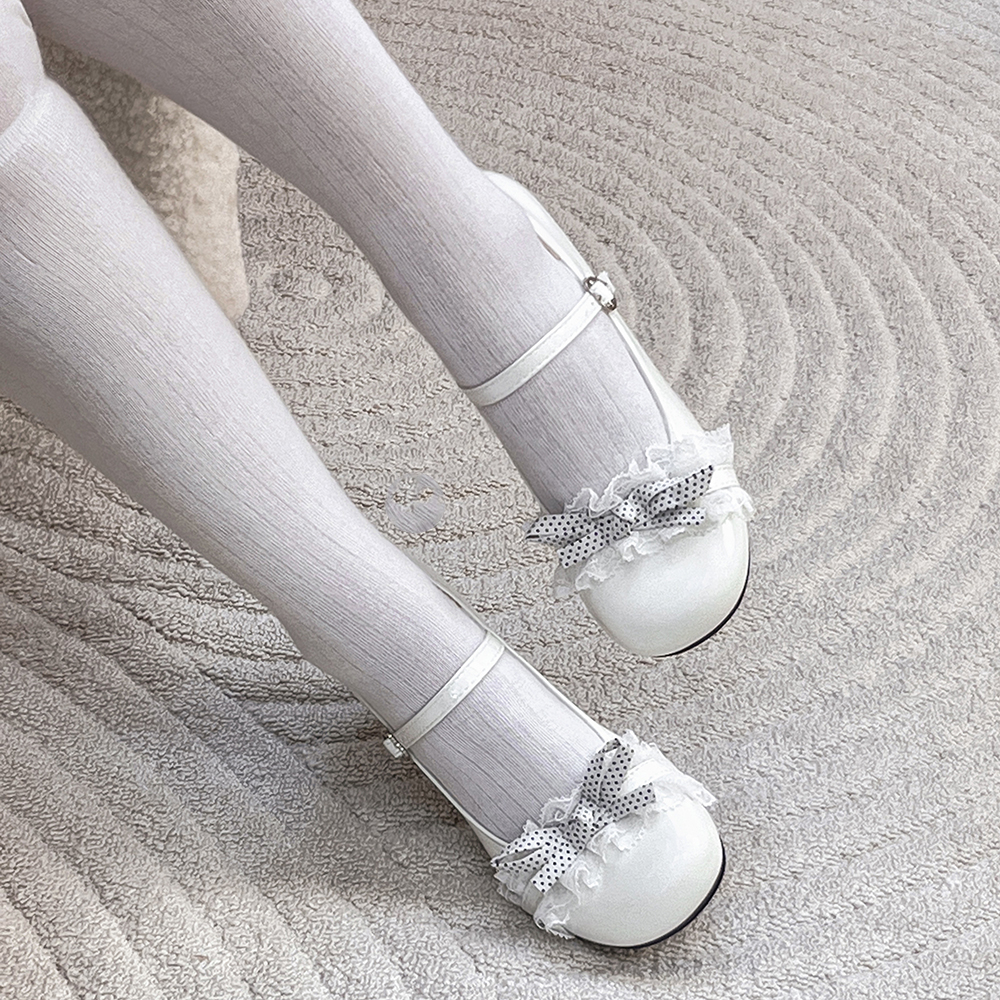 Sweet Lolita casual flat shoes, polka dot lace bow Mary Jane flats, ruffle trim patent leather doll shoes