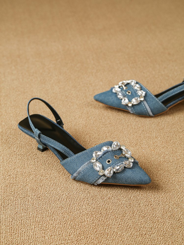 denim rhinestone square buckle heels, spring summer stiletto high heels, women's denim dress shoes